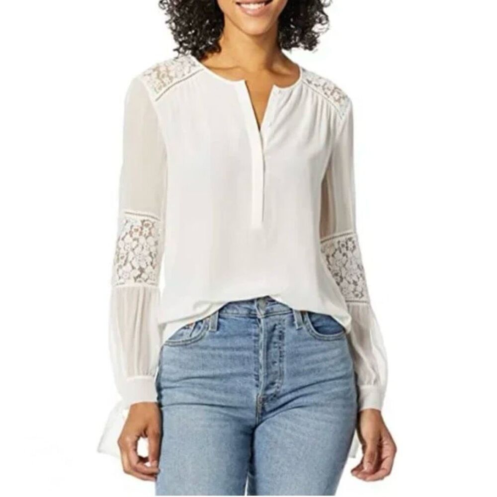 Rebecca Taylor Women's Size 2 White Lace 100% Silk Sheer Long Sleeve Blouse Top